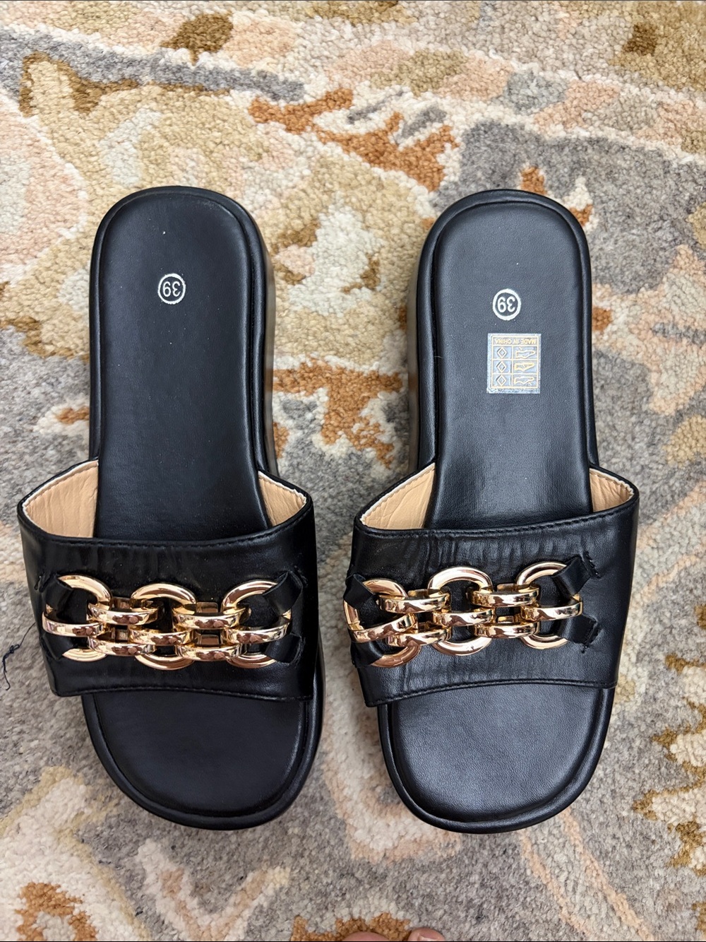 Zara Black Slide Mules with Gold Chain Detail